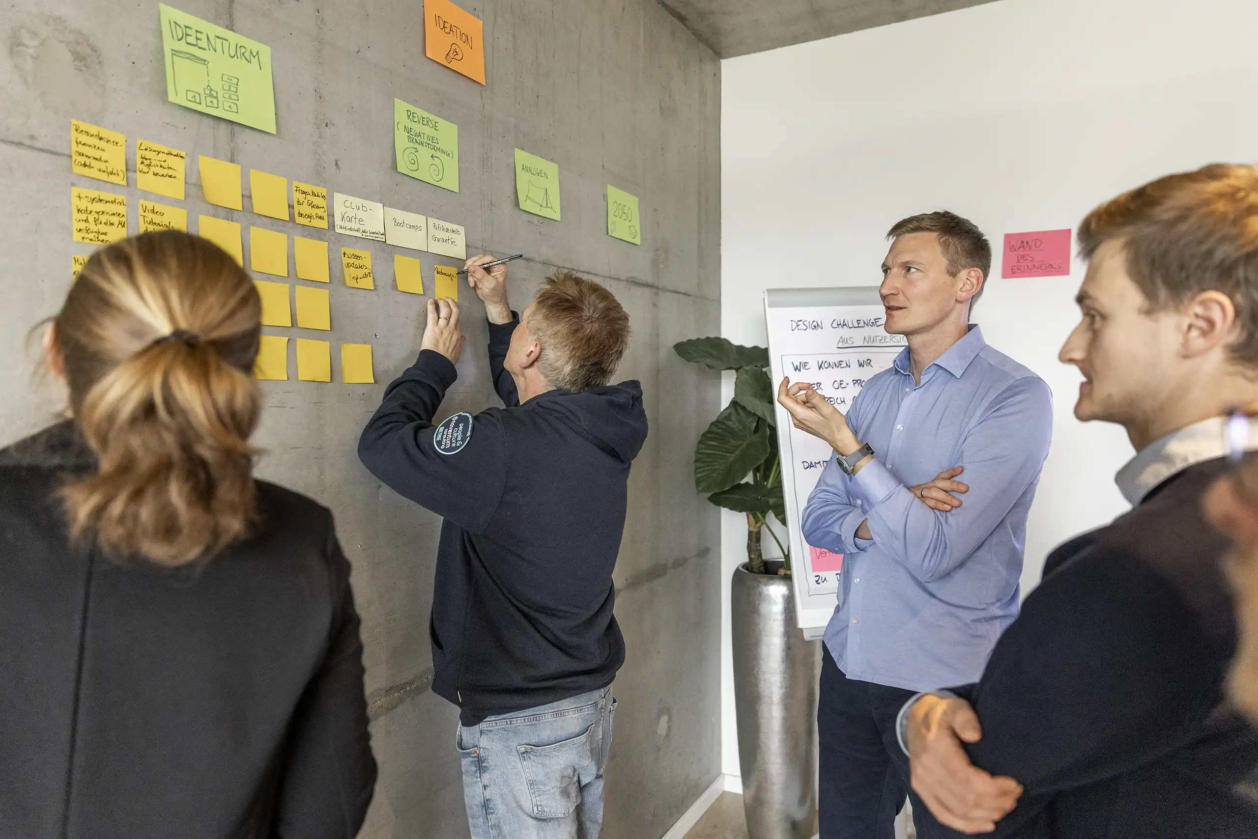 Eine Gruppe von Personen arbeitet gemeinsam an einer Ideensammlung, klebt Notizen an eine Wand und diskutiert kreative Konzepte in einem Workshop.